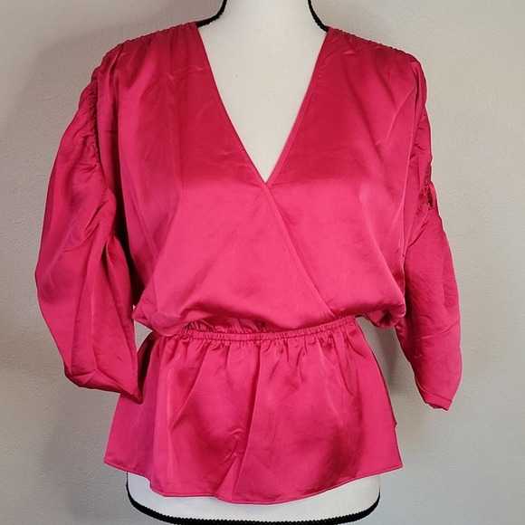 Joie Tops - NWOT JOIE Satin Faux Wrap Ruched Dolman Sleeve peplum Blouse Pink Sz L, M